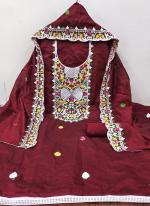 Chanderi Maroon Traditional Wear Embroidery Work Dress Material